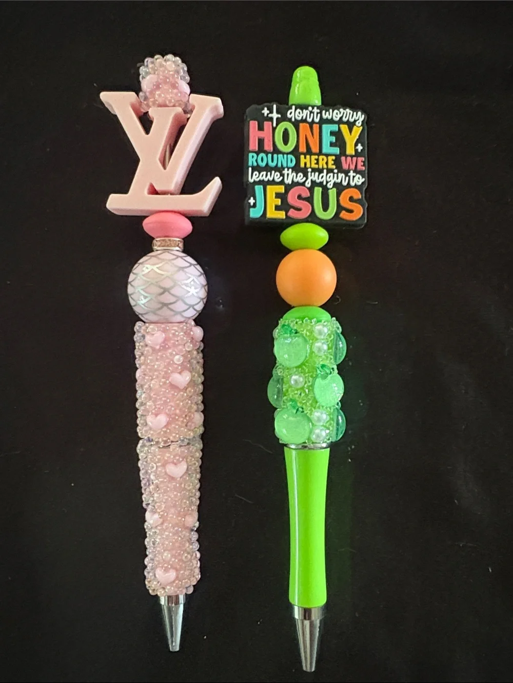 Cute Decorative Beaded Pens - Pink, Black, and Yellow Accents Set of 6